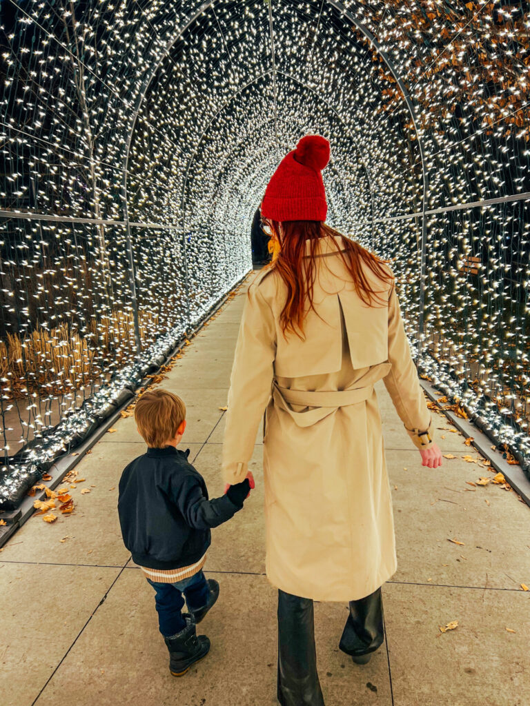 Mom and toddler go through Lightwalk at Tracy Aviary