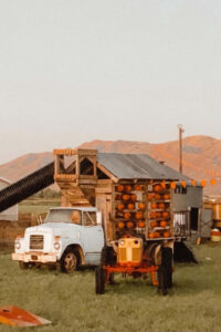 Gordo's fun farm, white truck with pumpkin display