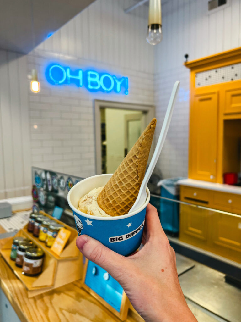 Ice cream cone in a cup at Big Dipper Ice cream