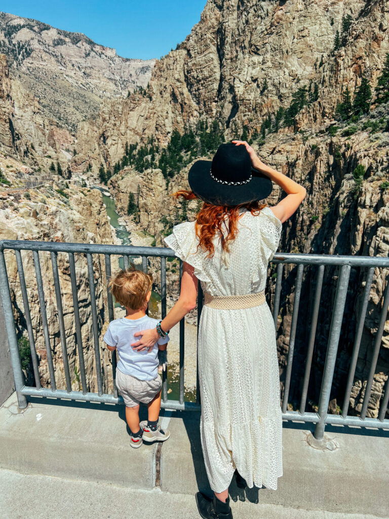 Mom and son look over Cody Historic Dam